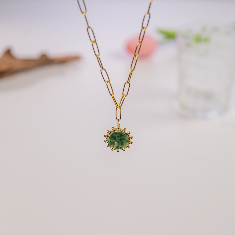 Bohemian Style Gold-Plated Sun 304 Stainless Steel Titanium Steel Necklace Natural Stone Round Pendant Luxurious Simple Women's Jewelry Accessories