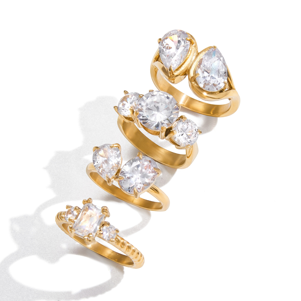 Women's Classic Style 18K Gold Stainless Steel + Zircon White Water Drop Zircon Ring Size 7