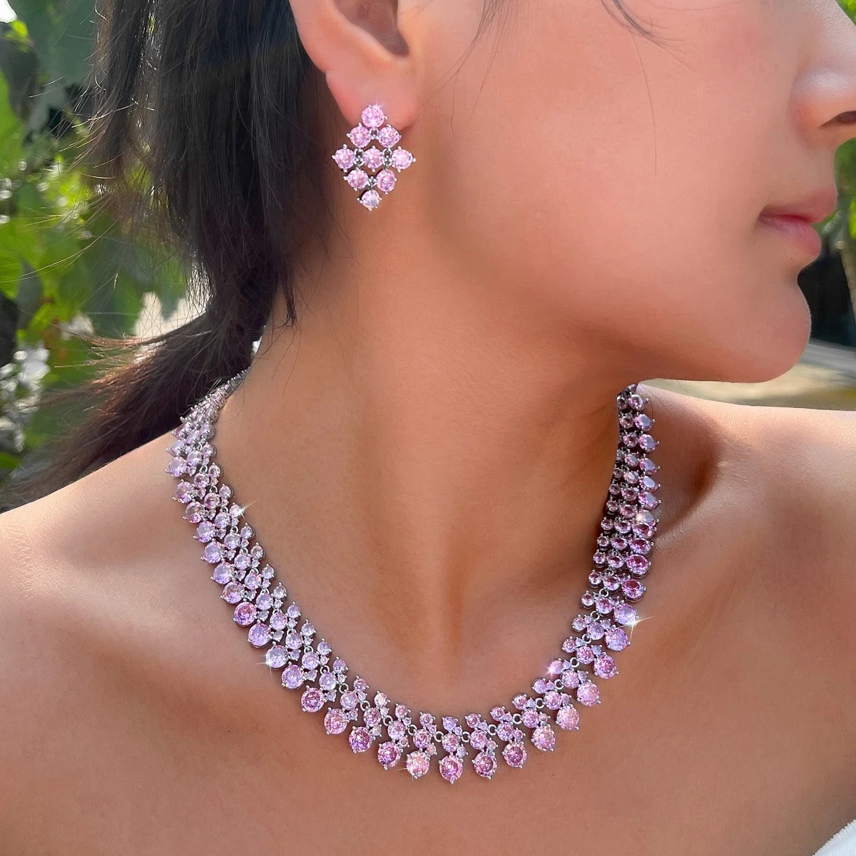 Luxury Shiny Pink Round Cubic Zircon Bridal Wedding Necklace 2pcs Sets For Women Nigerian African Party Jewelry
