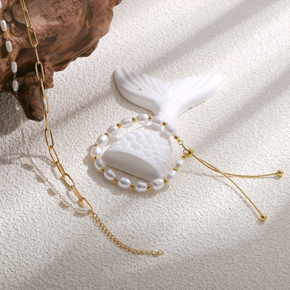 French Style Double Layer Beaded Necklace Set High Gloss Pearl Jewelry 18K Gold Plated Iron Solid Color Women's Accessories