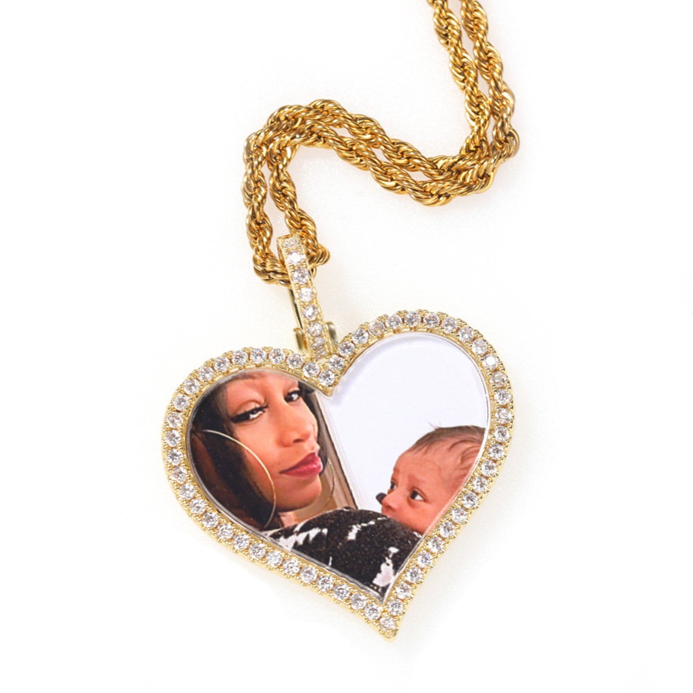 Fashion Hip-Hop Style Pendant Necklace Copper Material Inlaid With Zircon Heart-Shaped Photo Unisex Internet Celebrity Style Jewelry Accessories