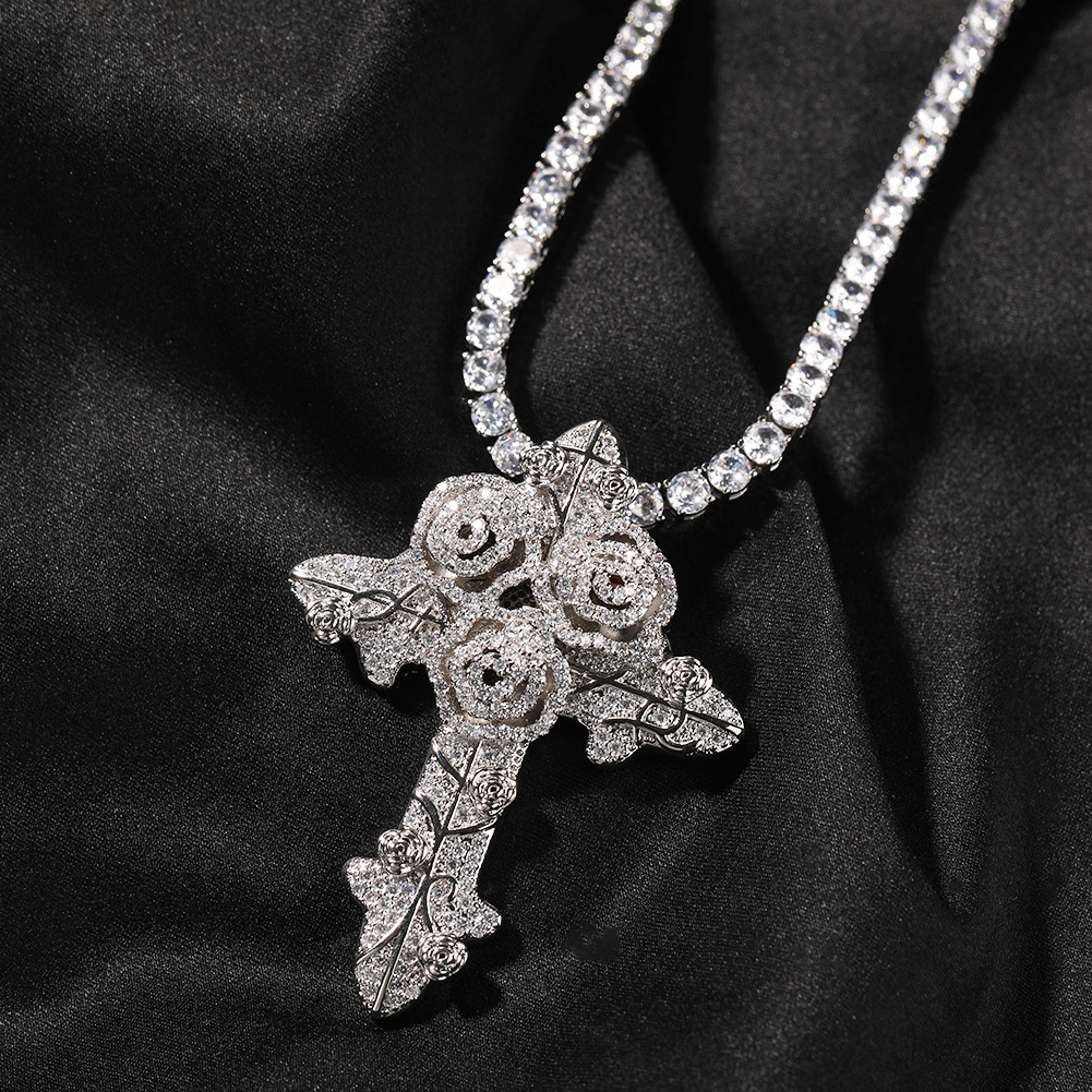 Fashion Style Rose Cross Zircon Pendant Twisted Chain Necklace Unisex Couple Accessories Geometric Pattern Copper Material