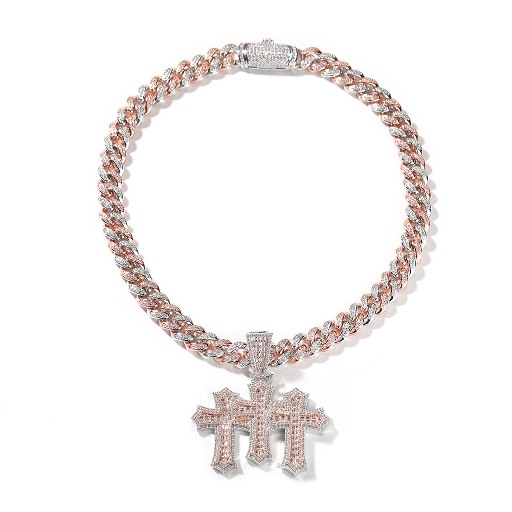 Hip Hop Cross Pendant Necklace Set Cuban Chain Zirconia Embedded Copper Geometric Patterned Jewelry For Men And Women