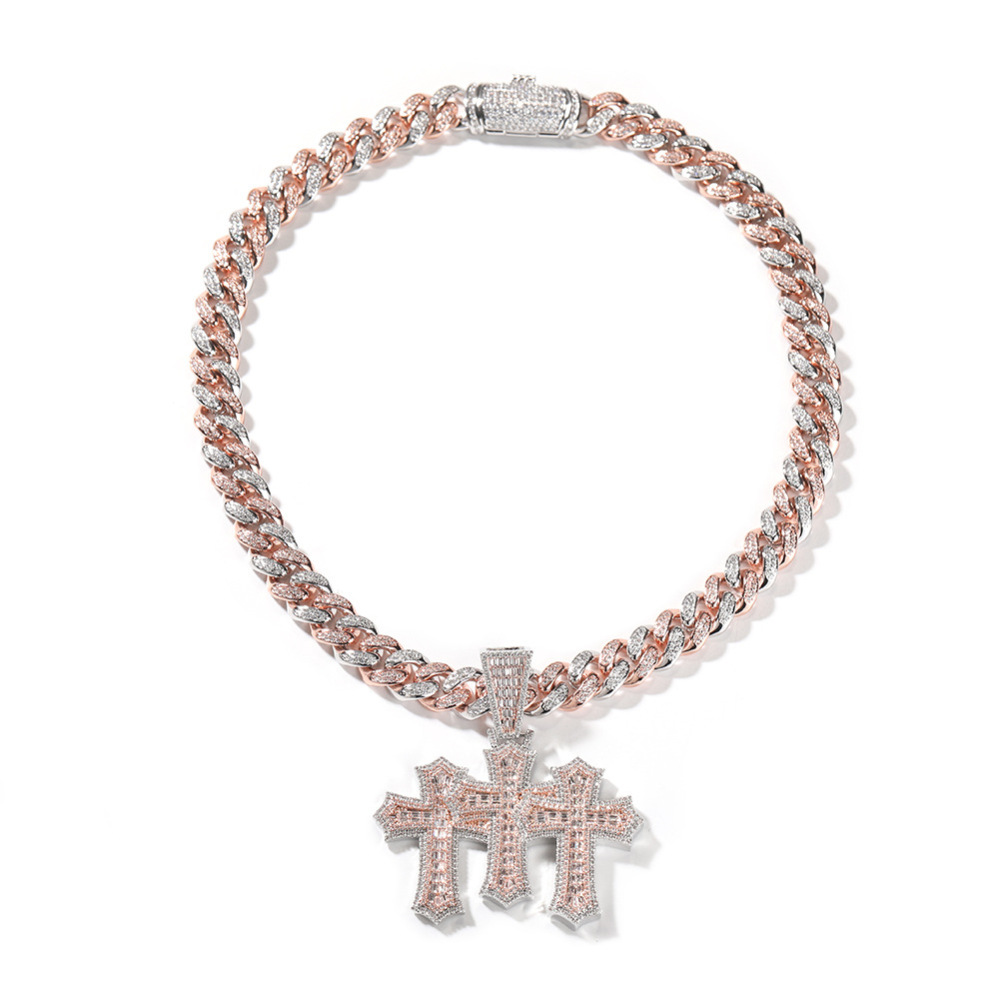 Hip Hop Cross Pendant Necklace Set Cuban Chain Zirconia Embedded Copper Geometric Patterned Jewelry For Men And Women