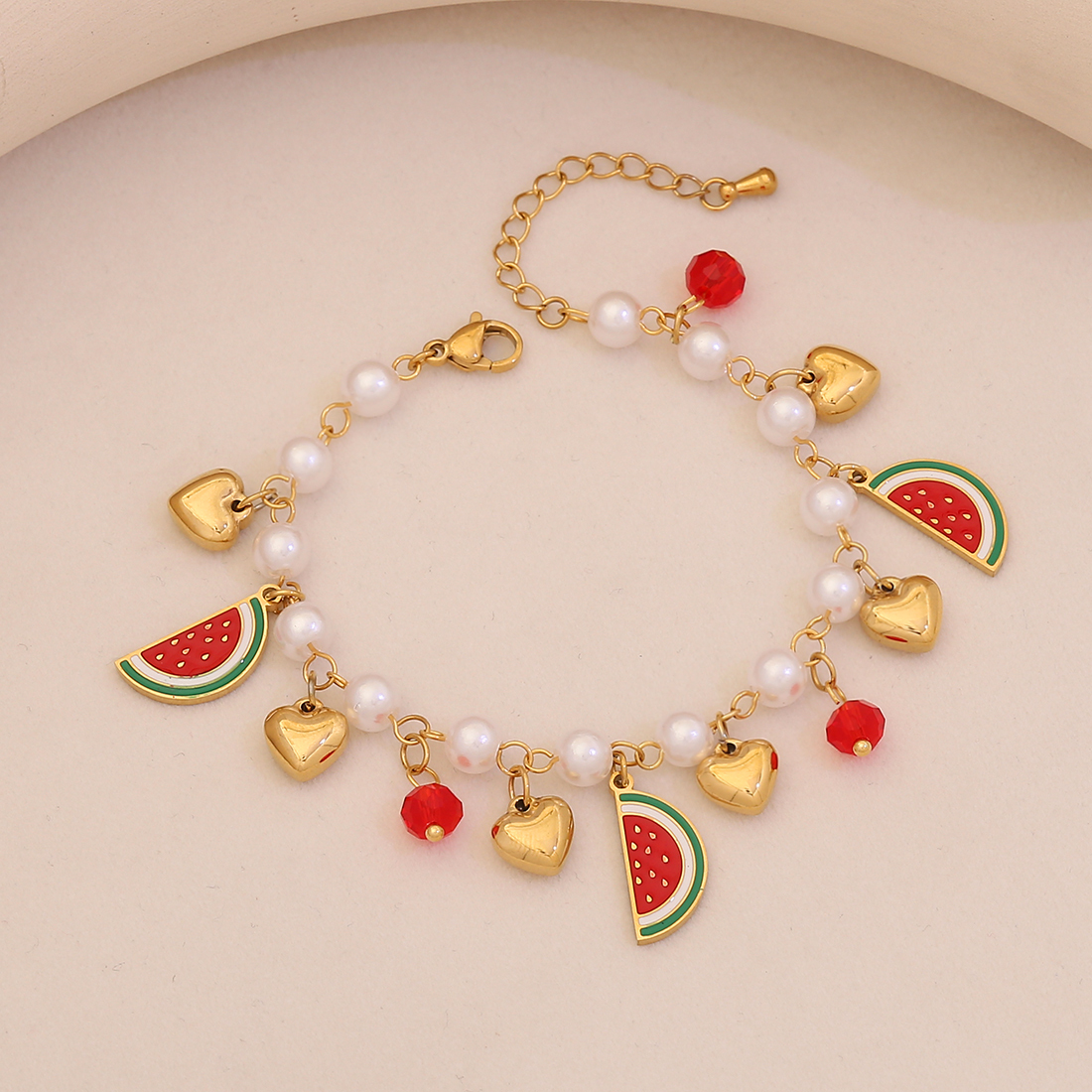 Charming Cherry Strawberry Watermelon Bracelet Elegant Imitation Pearl Hand Jewelry New Style Accessories Golden Pendant Love Heart Shape