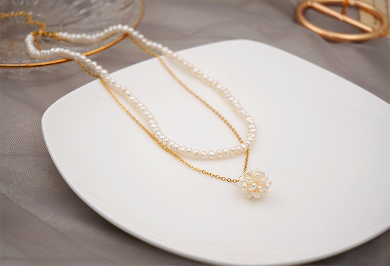 Two-layer Freshwater Pearl Necklace Simple Pearl Ball Collarbone Chain Vintage Accessories Geometric Wedding Jewelry Suitable For Women