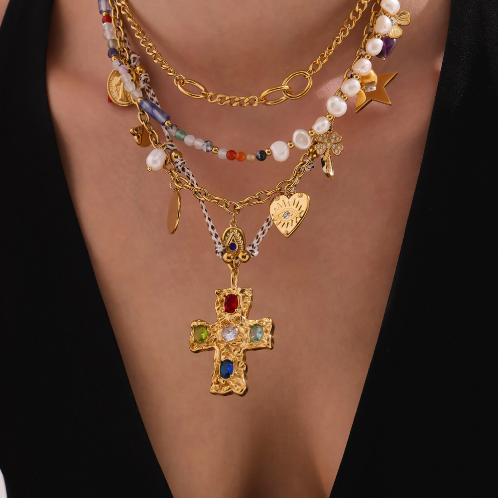 Stainless Steel Cross Pendant Necklace With Multiple Accessories Natural Stone Long Necklace Jewelry For Women Elegant And Glowing