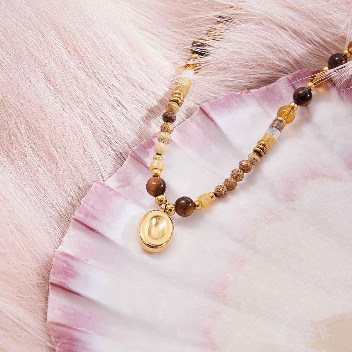 Ladies Classic Style 18K Gold Plated Stainless Steel Oval Pendant Tiger Eye Stone Crystal Natural Gemstone Beaded Necklace