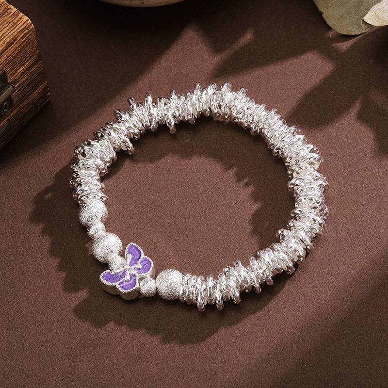 Universal Electroplated Silver Geometric Pattern Enamel Flower Butterfly Coiled Bracelet For Women Vintage Fragmented Silver Bracelet Small Round Bead Bracelet Copper Ethnic Style