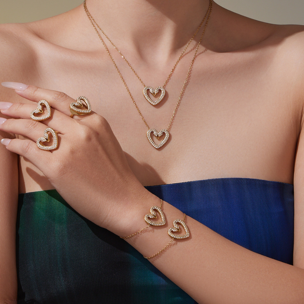 Women's 304 Stainless Steel Handmade Chain Vacuum Electroplating (In Furnace) 18K Gold Plated Geometric Pattern Zircon Full Diamond Double Swan Earrings Ring Bracelet Necklace Heart Full Diamond Jewelry Set Accessories