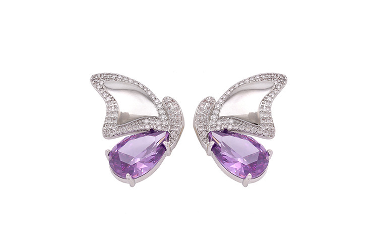 Butterfly Wing Half-and-Half Gold Plated Brass Purple Necklace Earring Set Elegant Dynamic Combination Fashion Jewelry
