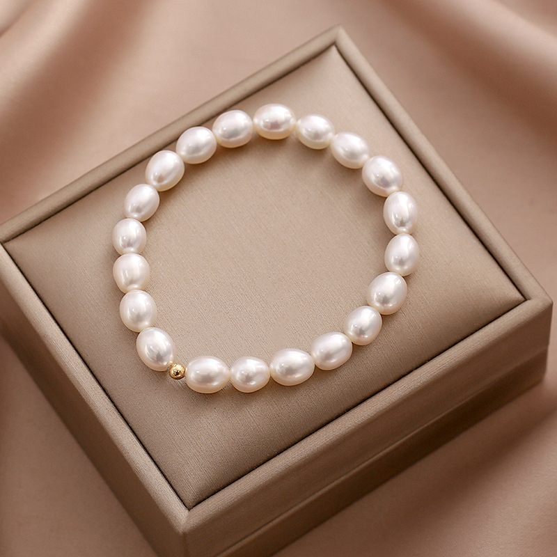 Retro Natural Freshwater Pearl Bracelet Women's Elegant Ins Small Design Elastic Simple Versatile 14K Gold Plated Bracelet