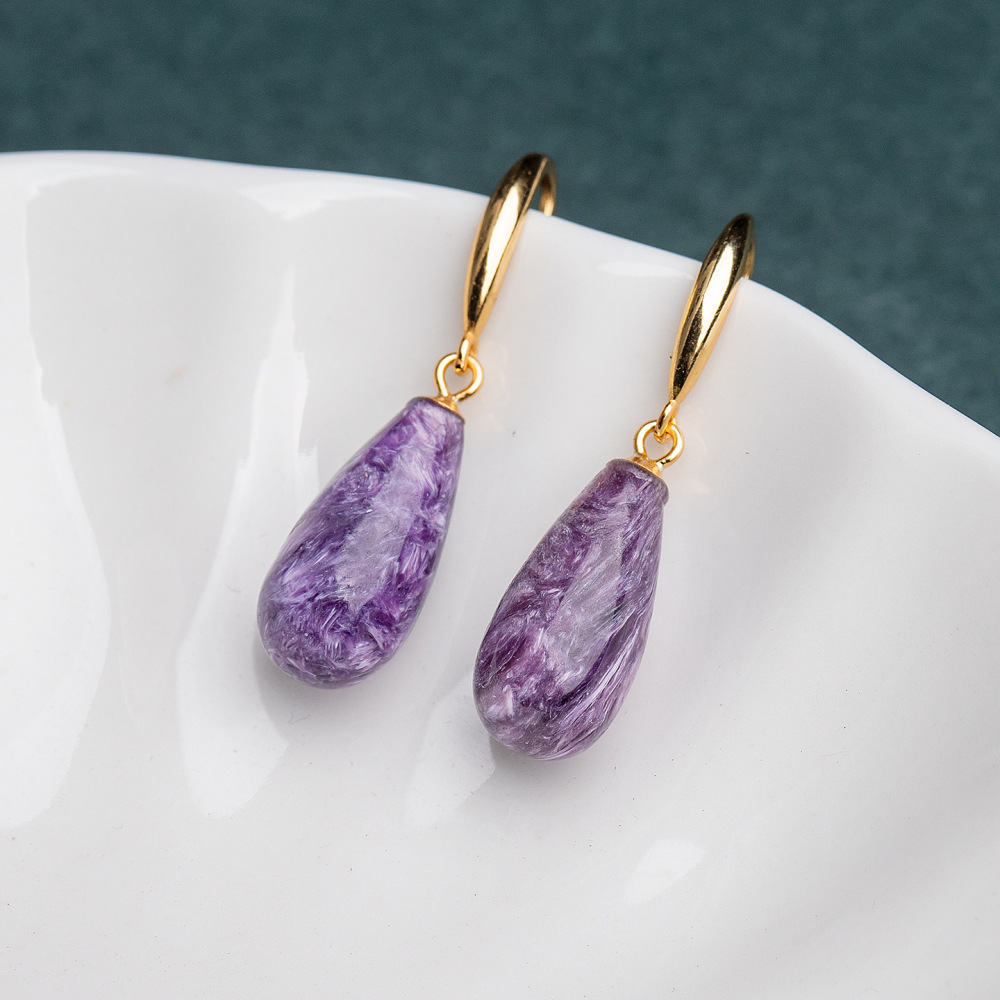 Natural Russian Purple Dragon Crystal Waterdrop Earrings 925 Silver Hook Simple Fashion Women's Style Jewelry Accessories