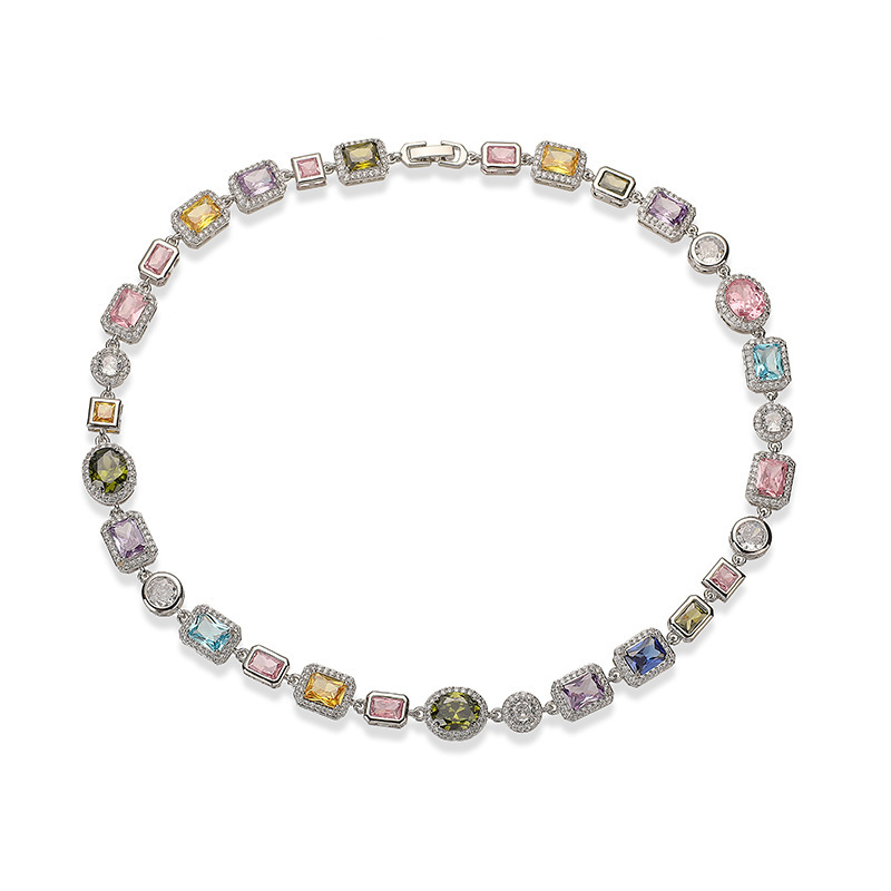 Retro Luxury Geometric Color Diamond Embedding Bracelet Necklace Set Palace Style Fashion Jewelry Accessories For Women