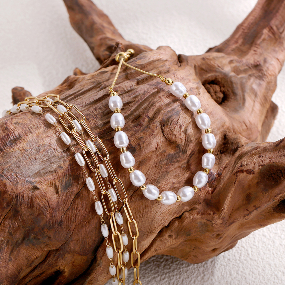 French Style Double Layer Beaded Necklace Set High Gloss Pearl Jewelry 18K Gold Plated Iron Solid Color Women's Accessories