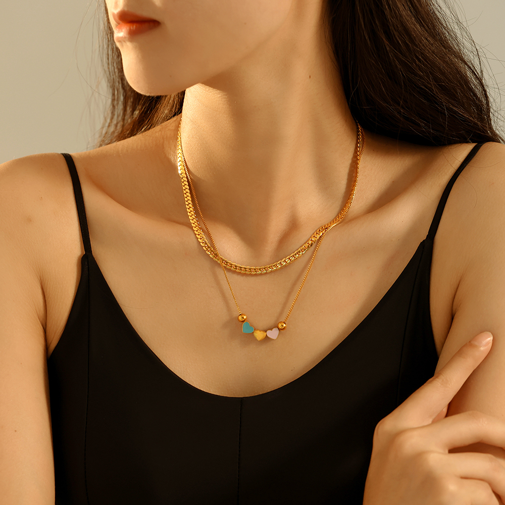 304 Stainless Steel Heart Shape PVD Coated Real Gold Plated Retro Vacation Waterproof Non Tarnish Enamel Bracelets Necklace