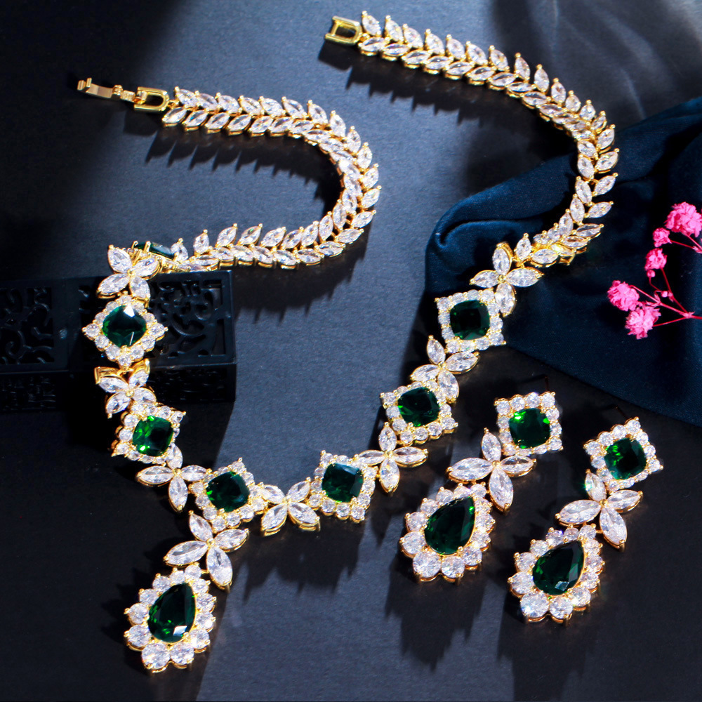 Ruili Flower Zircon Necklace And Earrings Set For Women, Emerald Gemstone Wedding Dress Jewelry Accessories, Water Plating