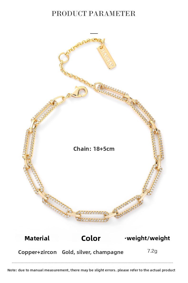 Kenge Copper Embedded Zircon Plated Color Retention Chain Bracelet Women's Fashionable Minimalist Style Summer Jewelry Accessory