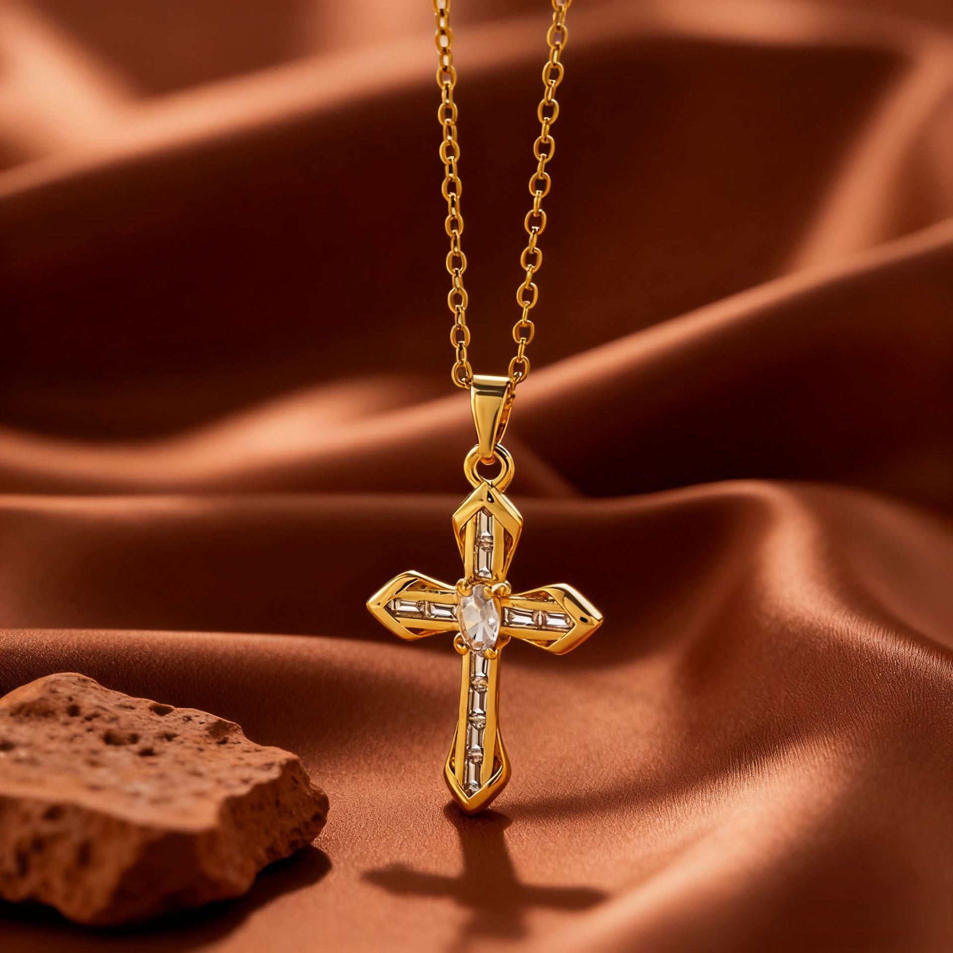 Rose Gold Plated Titanium Steel Cross Necklace For Women With Micro Pave Zircon Copper Pendant Bohemian Style