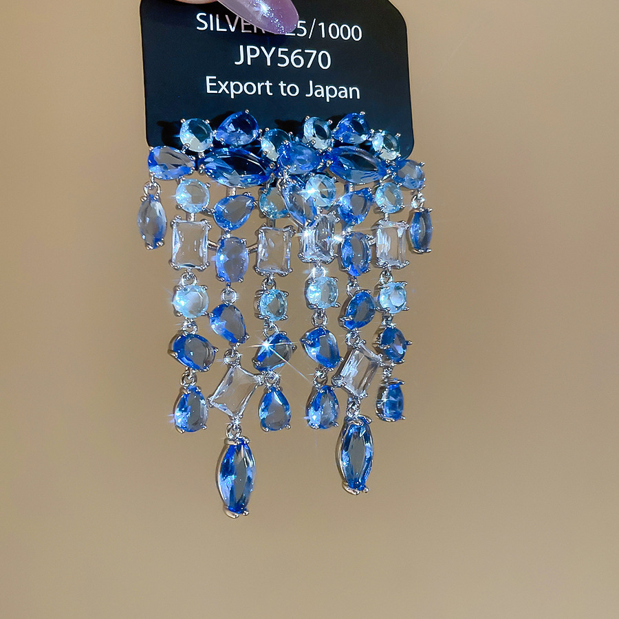 Fashionable Silver Needle Zircon Square Waterdrop Tassel Earrings Elegant Lightweight Luxury Feelings Women's Jewelry Accessories