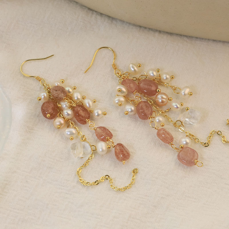 Handmade Natural Pearl Strawberry Crystal White Chain Earrings Women's Luxury Versatile Copper Material Jewelry Accessories
