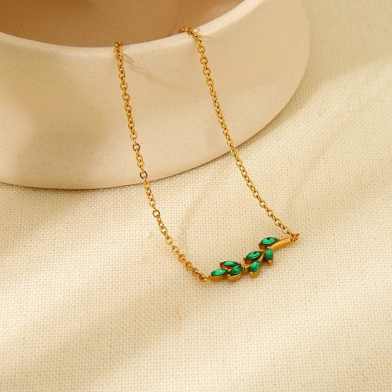 Gold Plated Zircon Leaf Branch Pendant Women Bracelet Stainless Steel Waterproof Jewelry Accessories