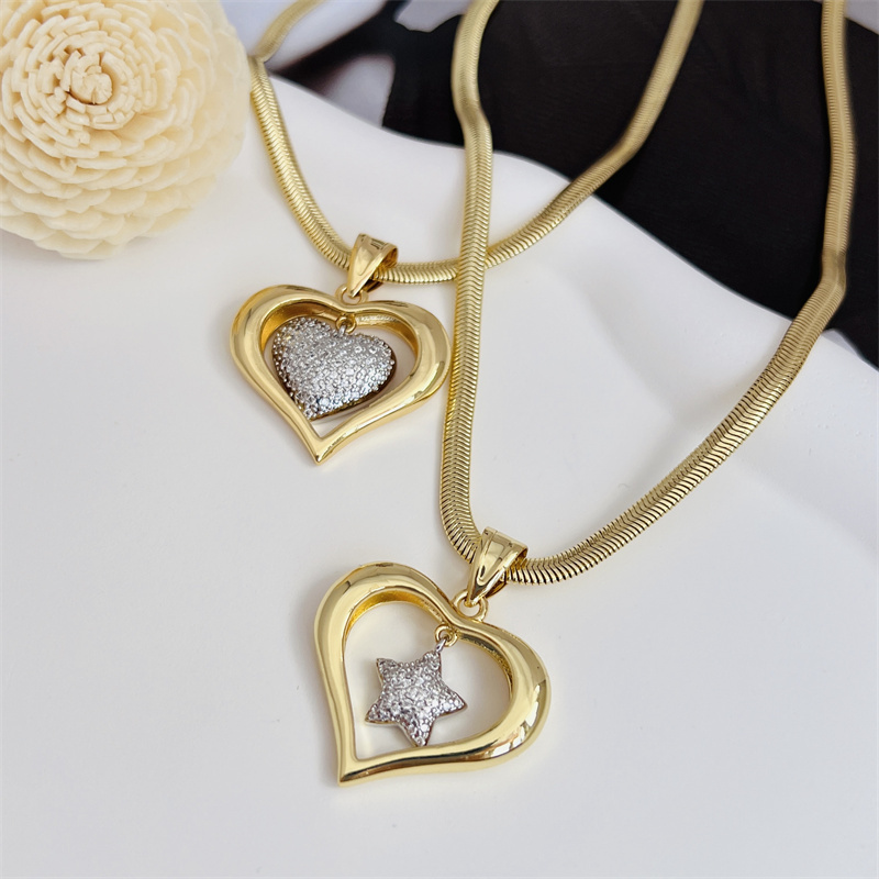 1 Piece Copper Plating 18K Gold Love Heart With Cutout XINGX Small Heart-Shaped Full Of Diamond Zircon Snake Chain Suitable For Men Women Daily Wear Suitable For Gifts  Original New Arrivals