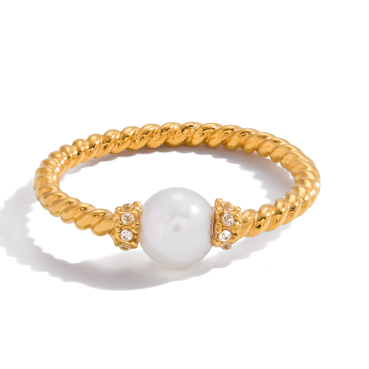 I0/Ladies' Style - Elegant And Graceful Style/18K Gold Stainless Steel + Glass Pearl + Rhinestone/With White Rhinestone Glass Pearl Braided Pattern Ring Size 7