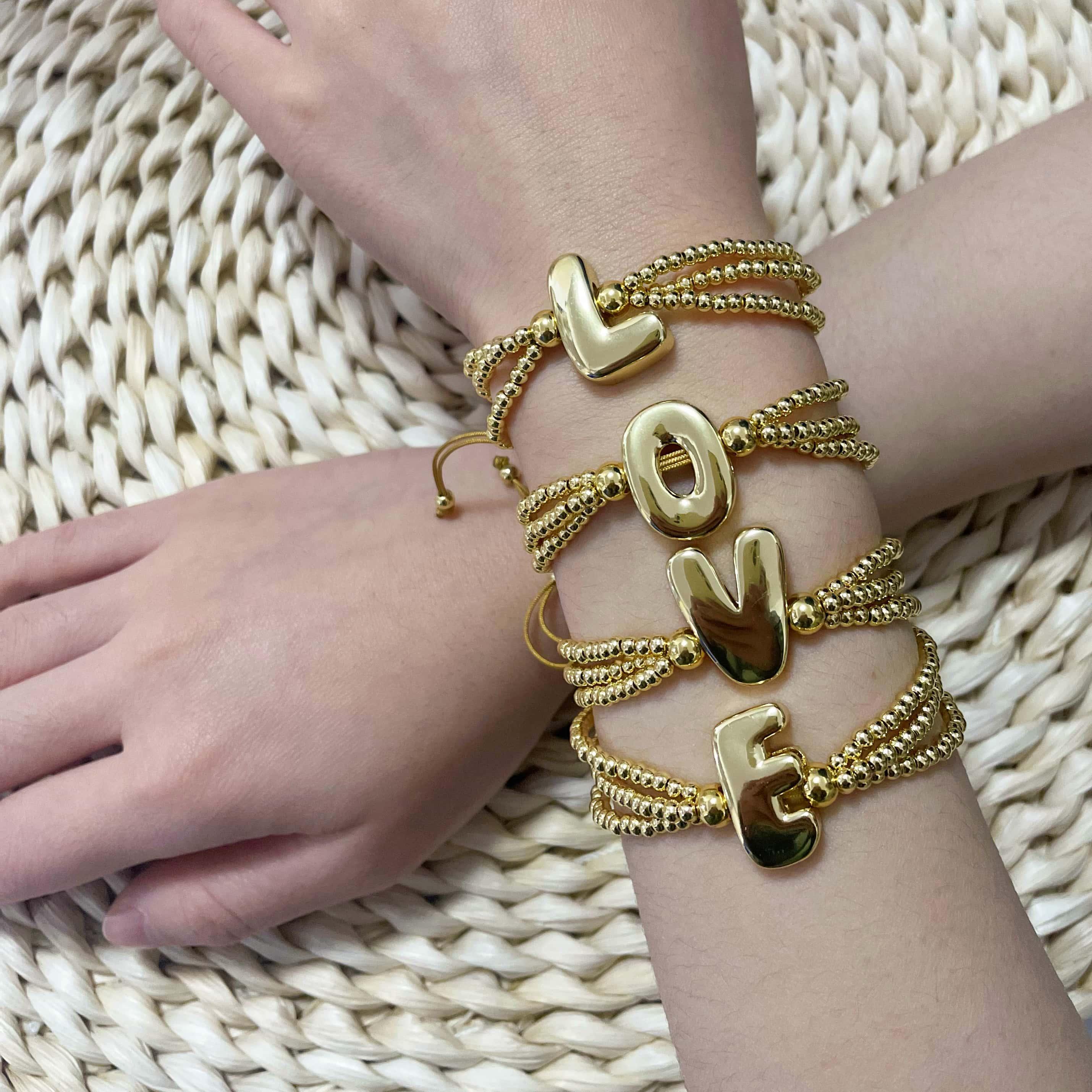 18K Gold Plated Copper English Letter Accessories Handmade Woven Beaded Adjustable Bracelet For Women Universal Electroplated Pure Rope Unisex