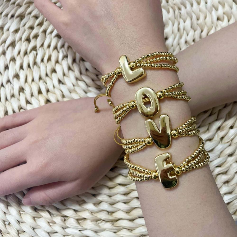 18K Gold Plated Copper English Letter Accessories Handmade Woven Beaded Adjustable Bracelet For Women Universal Electroplated Pure Rope Unisex