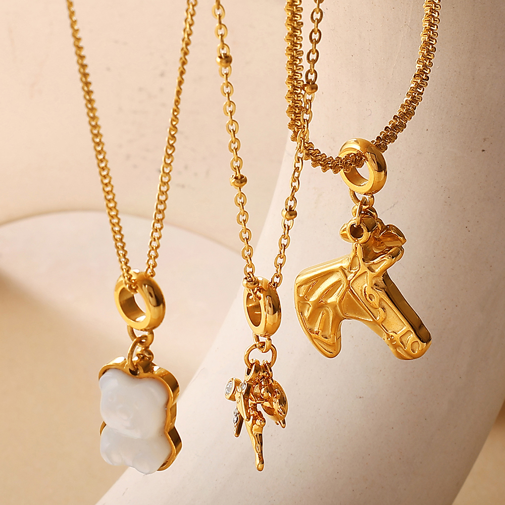 New Fashion Light Luxury Bear Pearl DIY Pendant Necklace Stainless Steel 18K Gold Plated Versatile Necklace