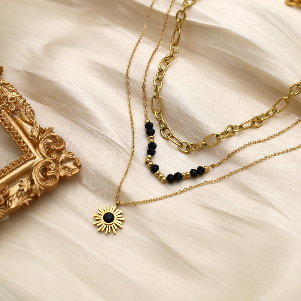 304 Stainless Steel Titanium Gold Black Sunflower Pendant Necklace Three-Layer Bead Collarbone Chain Jewelry Women's Accessories