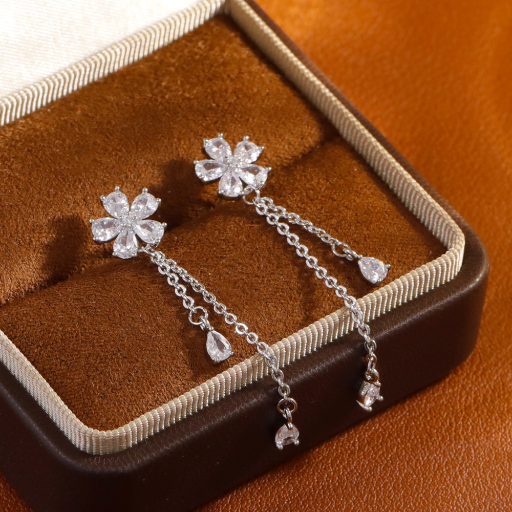 New Luxury Commuter Zircon Flower Earrings Fashionable Elegant Tassel Waterdrop High-End Feelings Women's Jewelry Accessories