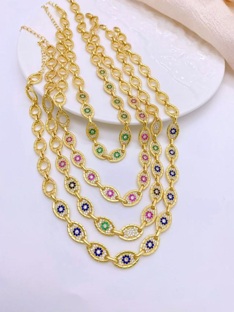 Fashionable High-End Copper Plated 18K Gold Evil Eye Bracelet Necklace Set  Style Jewelry Accessories