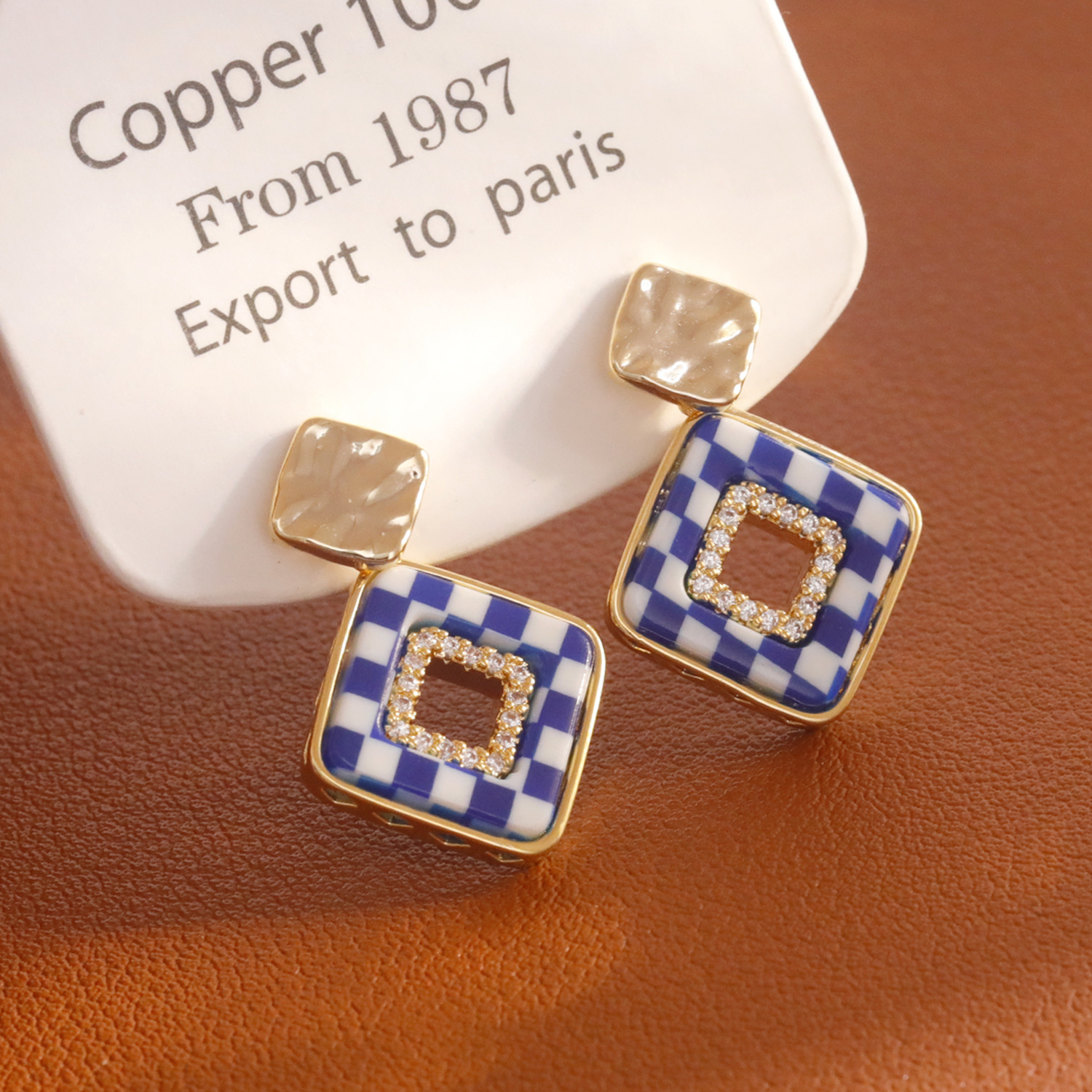 Fashionable Personality Chessboard Pattern Earrings Trendy Design Sense High-End Feelings Popular Internet Red Dangle Earrings
