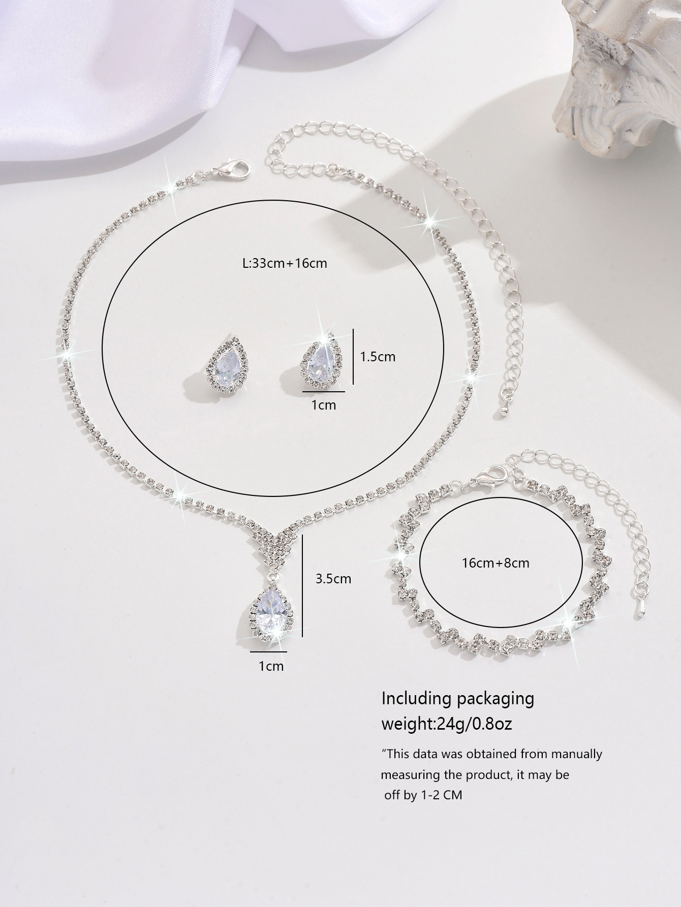 Fashionable Sparkling Waterdrop Earrings Necklace Set Women Full Diamond Banquet Clavicle Chain Jewelry Copper Material Circle Craft