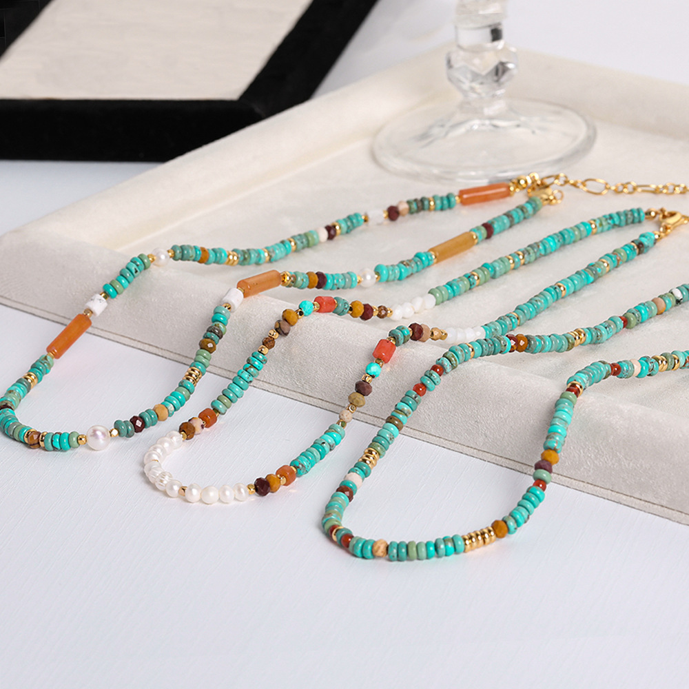 Natural Colorful Turquoise Beaded Necklace Women's Round High-End Minimalist Pearl Set Luxury Sensation Geometric Pattern Design