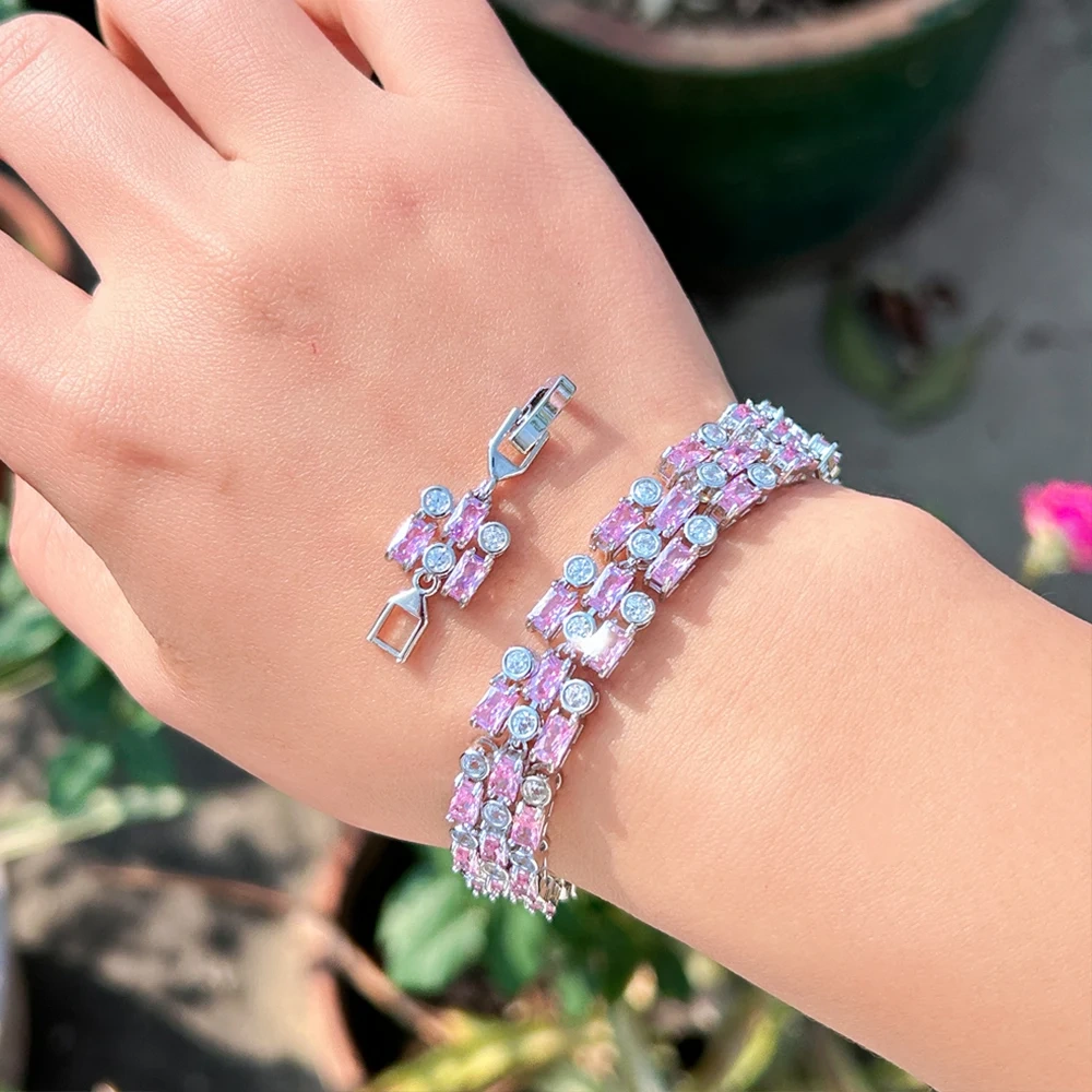 Geometric Shiny Pink Cubic Zirconia Big Wide Bracelets Bangles For Women Wedding Engagement Jewelry Accessories