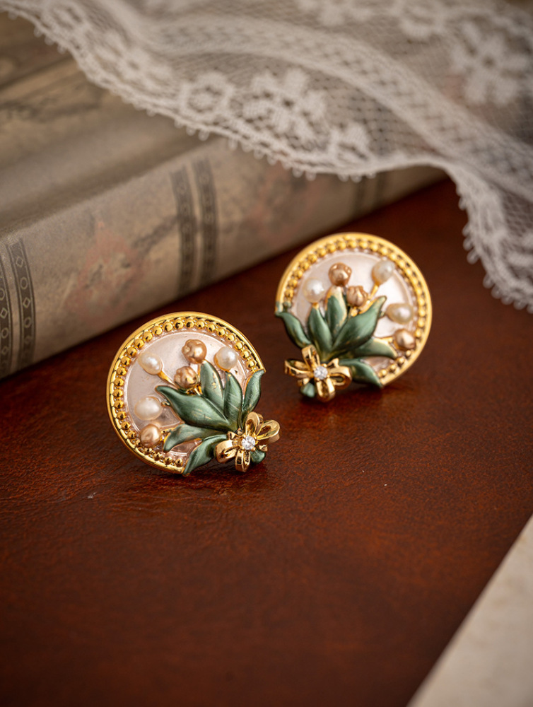 Baroque Pearl Flower Earrings Women Monet Garden Enamel Drip Glaze New Chinese Style Retro Drop Earrings Jewelry Accessories