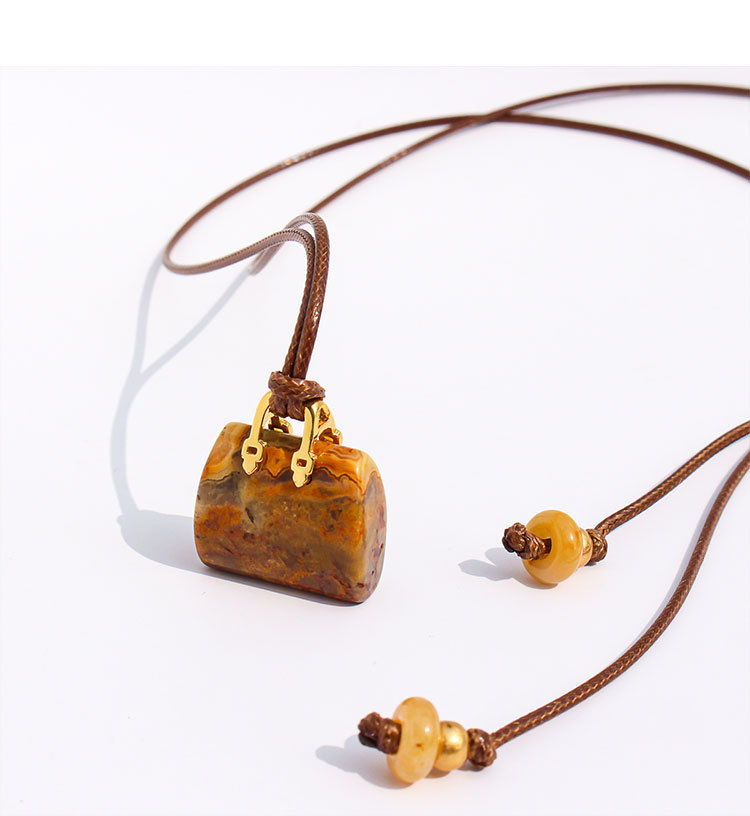 Natural Spotted Tiger Eye Stone Pendant Leather Rope Casual Long Necklace Adjustable Self-tying Sweater Chain Fashionable Ladies Holiday Style Accessories