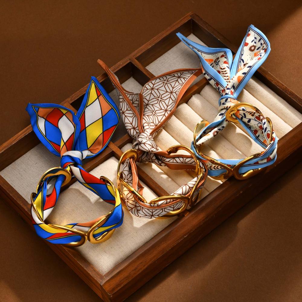 Water Plated Imitation Gold 304 Stainless Steel Vintage Bohemian Style (Floral Print) Open Bracelet Matching Scarf Fashion Elegant Women's Accessories