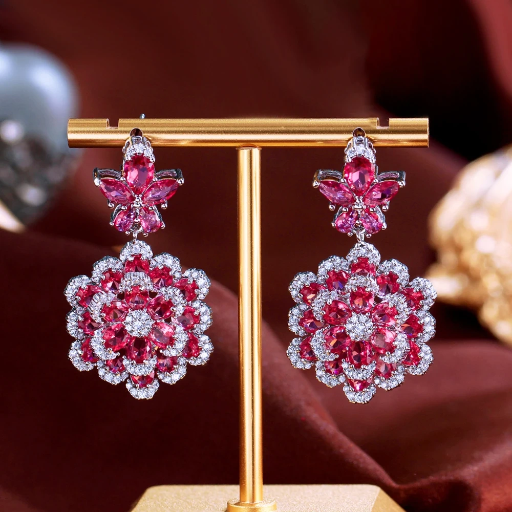 1 Pair Of Copper Double-Layer Floral Earrings, Three-Dimensional Red Zircon Earrings, Fashionable And Elegant, Suitable For Women To Wear On Dates And Weddings