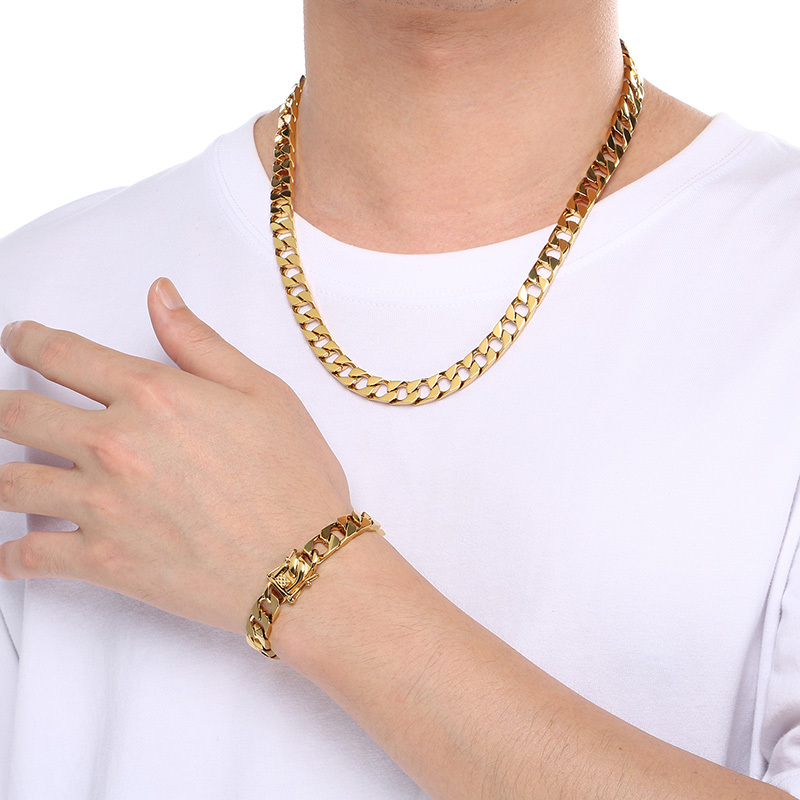 Trendy Titanium Steel Cuban Link Necklace Men's Simple Stainless Steel Jewelry Fashionable Geometric Pattern Vacuum Plated 18K Gold