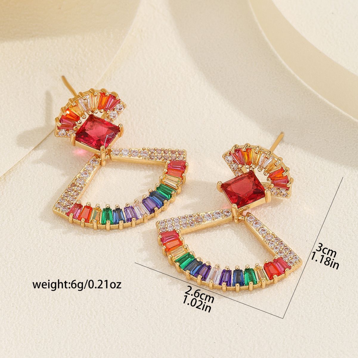 Elegant Long Colorful Zirconium Earrings For Women Geometric Pattern Copper Material Ins Style Star And Fan Shaped Plated Jewelry