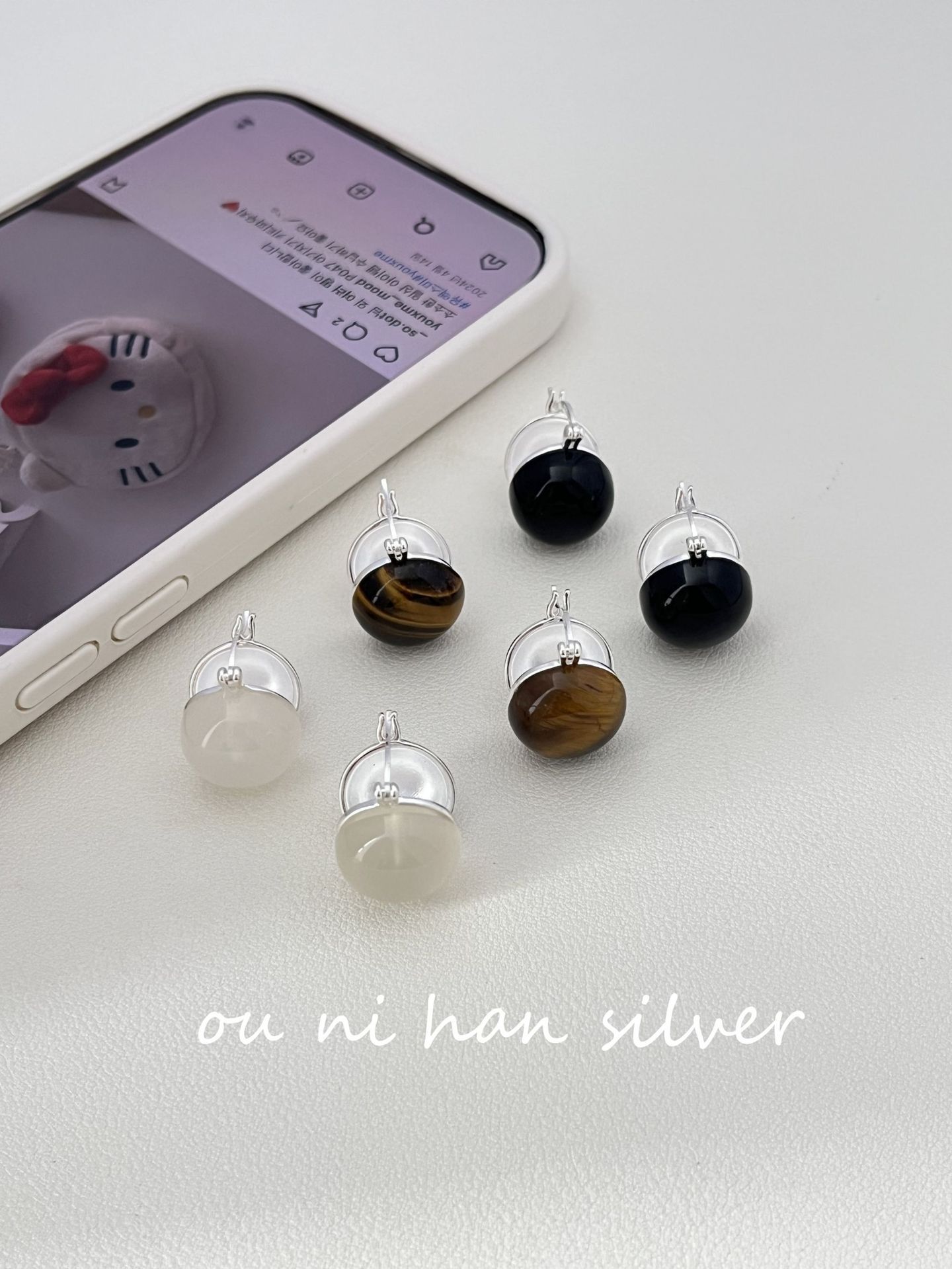 Eoni New Heavy Industry S925 Pure Silver Agate Tiger Eye White Opal Ear Cuffs Women Elegant High-End Feelings Geometric Pattern Cat's Eye Stone Inlaid Silver Earrings