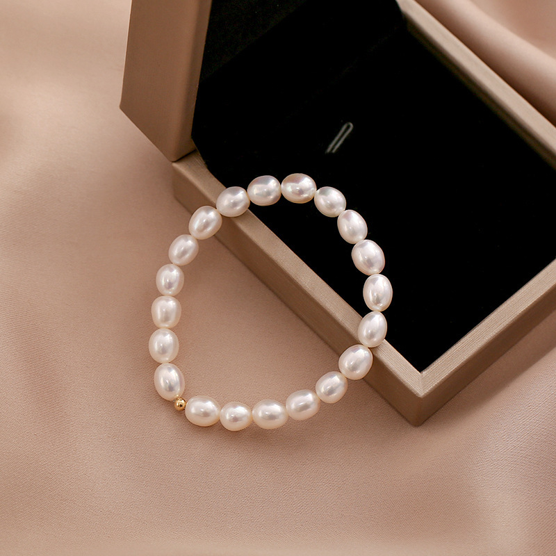 Retro Natural Freshwater Pearl Bracelet Women's Elegant Ins Small Design Elastic Simple Versatile 14K Gold Plated Bracelet