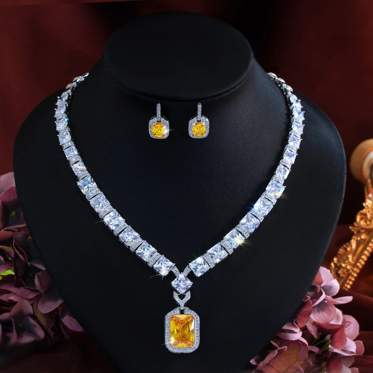 Expensive Nice Yellow Cubic Zircon Big Square Drop Earring Necklace Sets For Women Luxury Wedding Party Jewelry