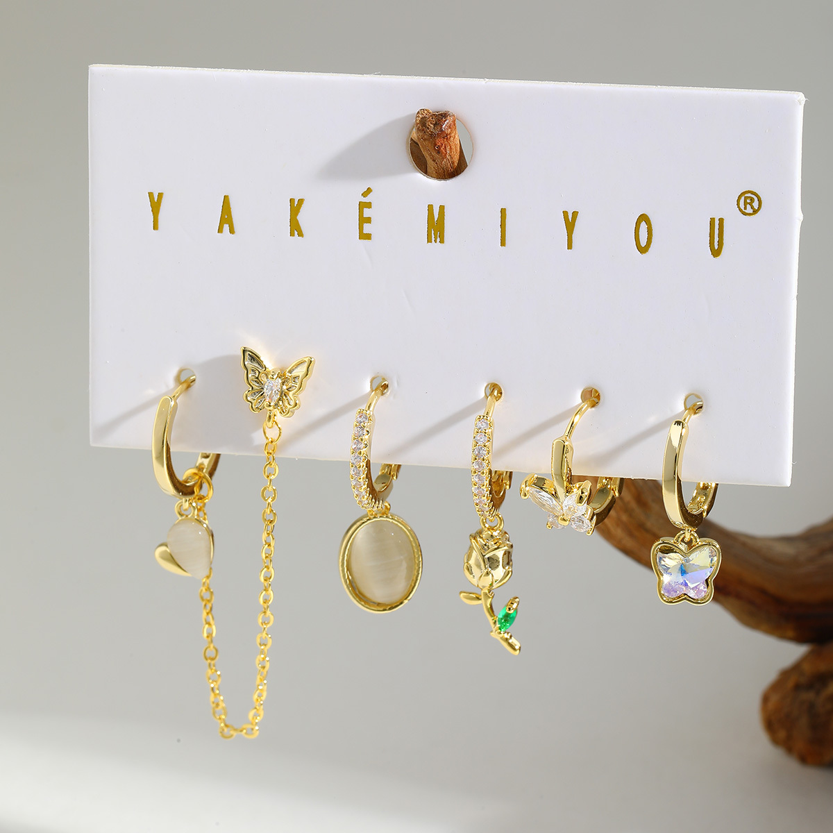 Yakemiyou Copper Plated 14K Gold Embedded Zircon Butterfly Tulip Earring Set Women's Fashion Jewelry Cute Shiny Polished Finish