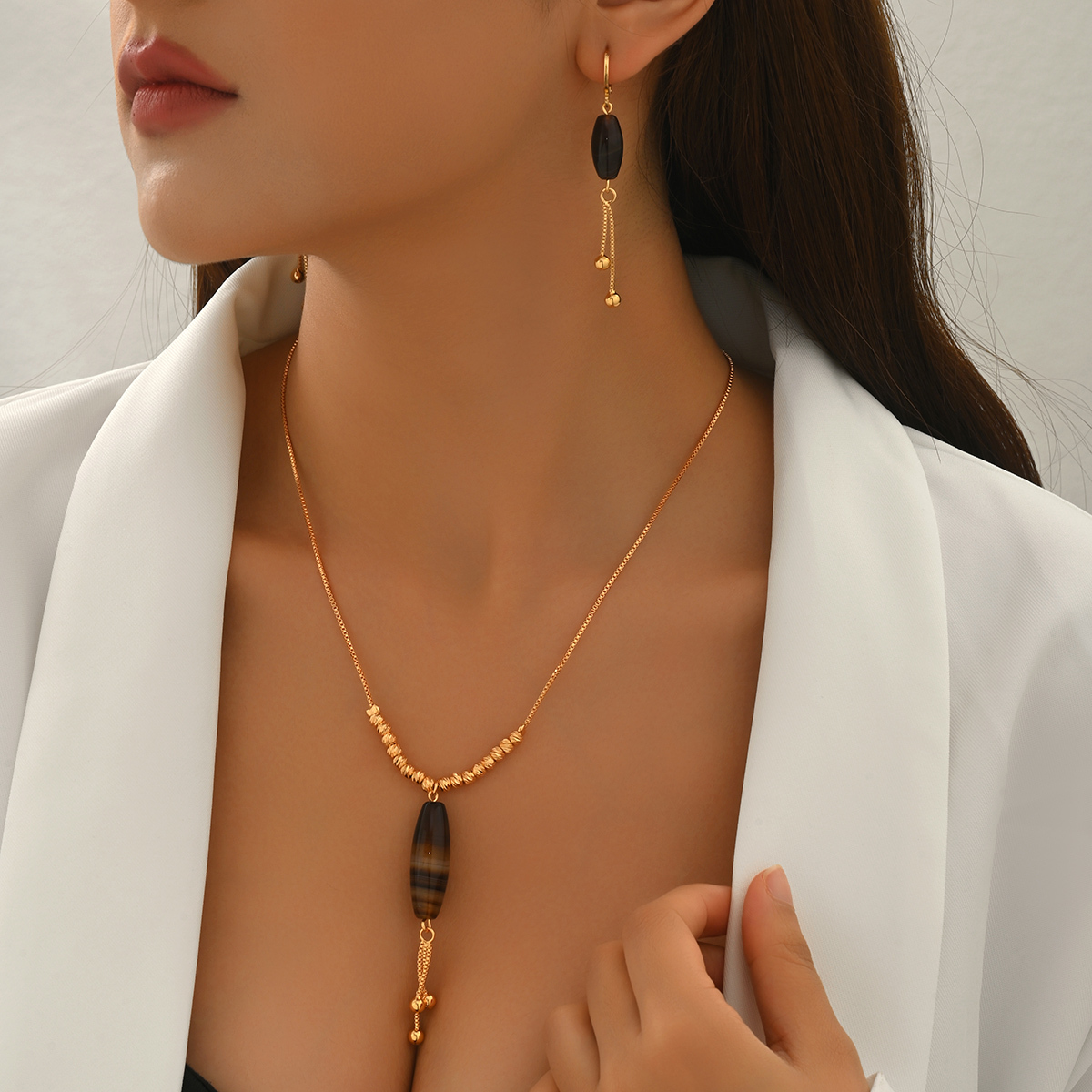 Natural Agate Beaded Necklace Earrings Set Simple Retro Ethnic Style Party Jewelry Accessories Geometric Pattern Tassel