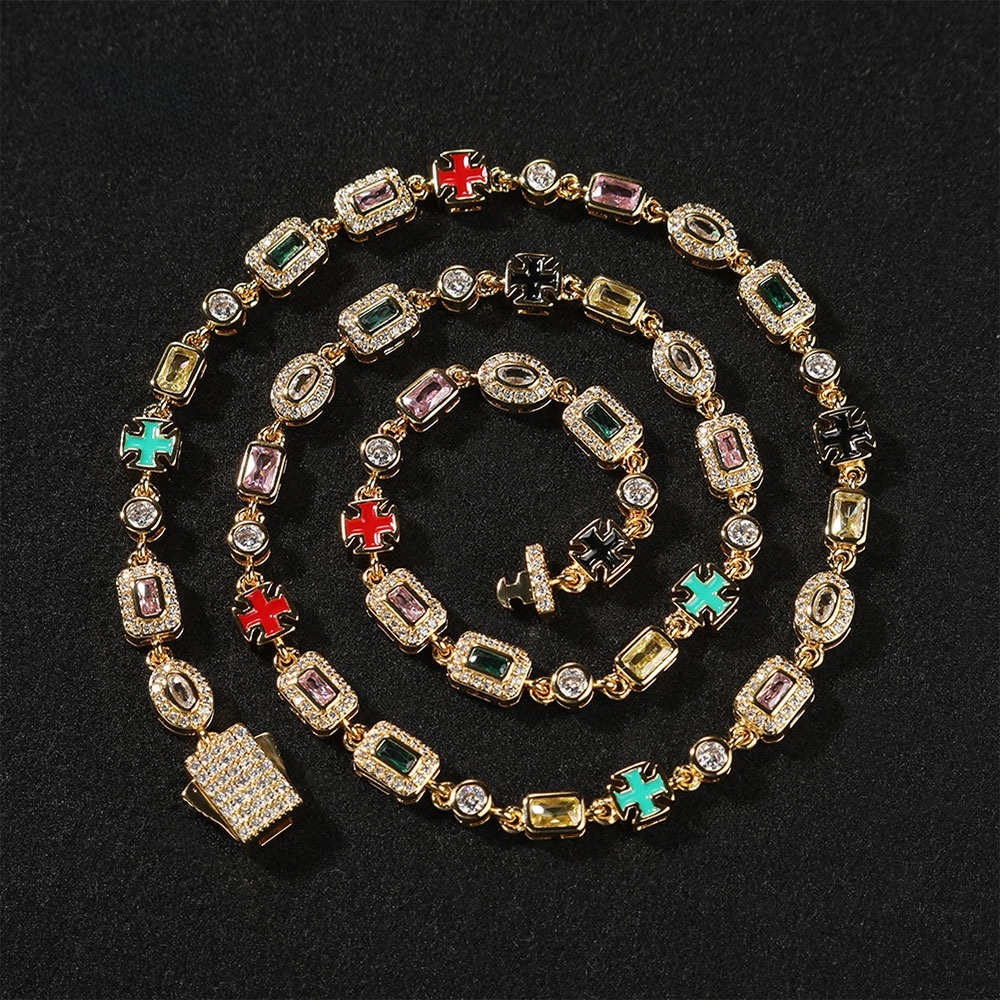 Colorful Gemstone Bracelet Unisex Hip-Hop Style Gold-Plated Copper Geometric Pattern Fashion Jewelry Inlaid Diamond Trendy Necklace Suitable For Men And Women